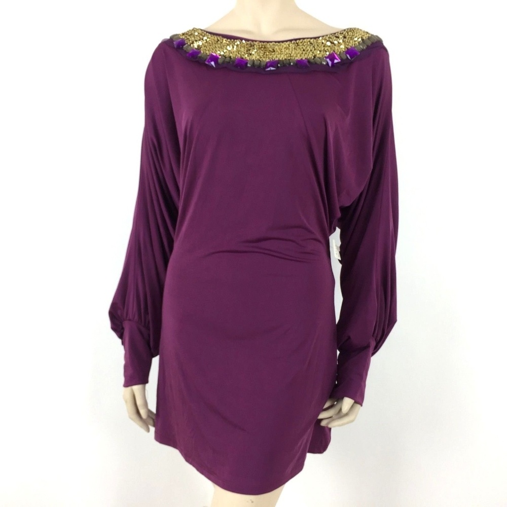 American One Mini Dress Medium Womens M Long Sleeves Embellished Neck Party